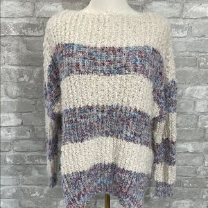 Altar'd State Fuzzy Cream and Purple Striped Sweater